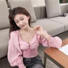 V-neck Puff-sleeve Slim-fit Blouse