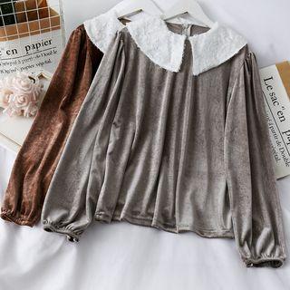 Fringed-collar Loose-fit Velvet Blouse