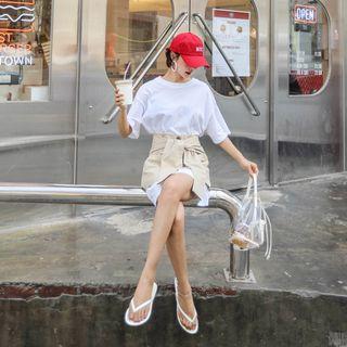 Set: Round-neck Long Top + Tie-waist Pocket-detail Skirt