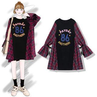 Plaid Panel Long-sleeve T-shirt Dress