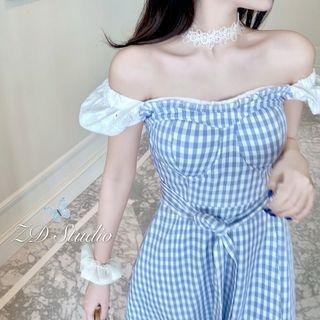 Puff-sleeve Checkered A-line Mini Dress