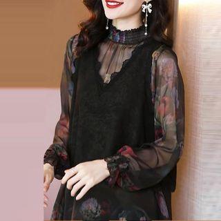 Mock Two-piece Floral Mesh Top