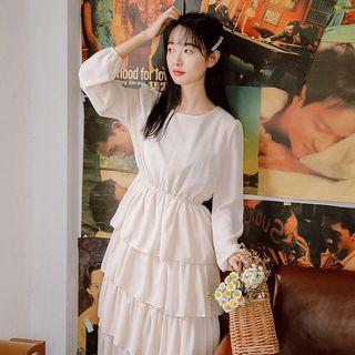 Crew-neck Long-sleeve Midi A-line Tiered Dress