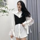 Mock Two-piece Flared-cuff Blouse White - One Size