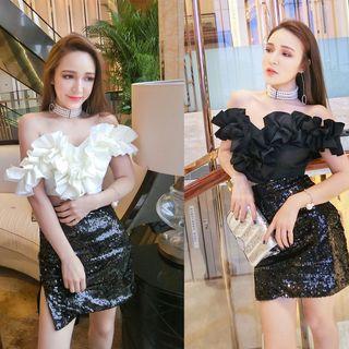 Set: Ruffled Off-shoulder Top + Sequined Mini Skirt