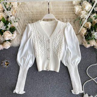 V-neck Puff-sleeve Panel Cable Knit Top