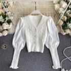 V-neck Puff-sleeve Panel Cable Knit Top