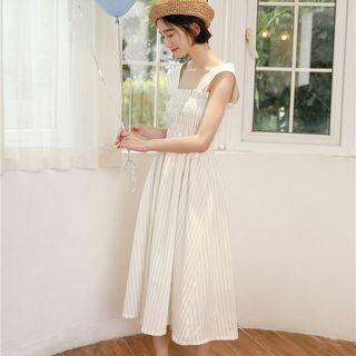 Pinstriped Wide-strap A-line Dress White - One Size