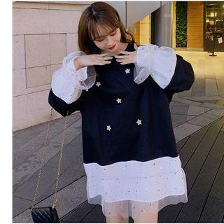 Star Print Mesh Panel Pullover