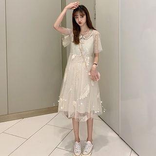 Short-sleeve Embroidered Midi Mesh Dress Almond - One Size