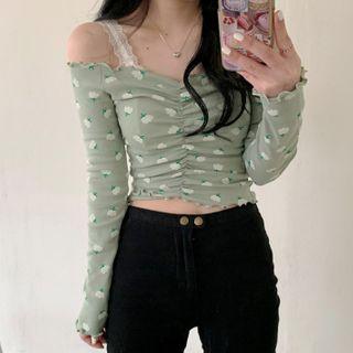 Boatneck Ruched Crop T-shirt As Shown In Figure - One Size