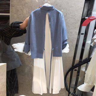 Set: Ruffle Trim Long-sleeve Shift Dress + Open Back Turtleneck Sweater