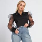 Piff-sleeve Mesh Panel Collared Blouse