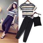 Set: Striped Short Sleeve T-shirt + Harem Pants + Plain Camisole Top