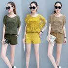 Set: Perforated Short-sleeve T-shirt + Spaghetti Strap Top + Shorts
