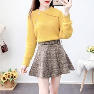 Set: Button-up Knit Top + A-line Skirt