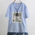 Leaf Embroidered Dotted Short Sleeve T-shirt
