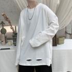 Long-sleeve Distressed Plain Loose-fit Top