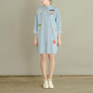 Long-sleeve Embroidered Denim Shirt Dress Light Blue - One Size