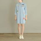 Long-sleeve Embroidered Denim Shirt Dress Light Blue - One Size