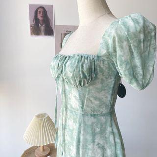 Off-shoulder Drawstring Floral Print Midi A-line Dress