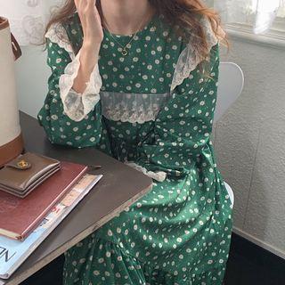 Long-sleeve Floral Lace Panel Midi A-line Dress Green - One Size