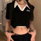 Short-sleeve V-neck Color Block Lettering Cropped T-shirt
