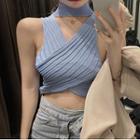 Choker-neck Ribbed Knit Cropped Tank Top