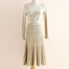 Pleated V-neck Knit Dress