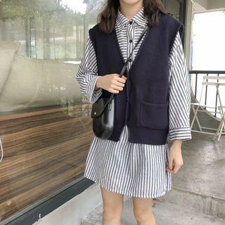 Striped Long-sleeve Loose-fit Shirtdress As Figure - One Size