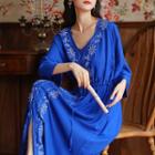 3/4-sleeve Floral Embroidered Maxi A-line Dress Blue - One Size