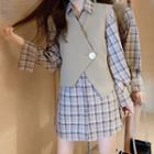 Set: Buttoned Vest + Plaid Shirtdress