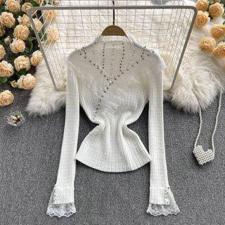 High-neck Ruffle Rhinestone Lace Long-sleeve Sweater