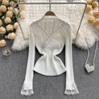 High-neck Ruffle Rhinestone Lace Long-sleeve Sweater