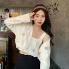 Set: Long Sleeve Floral Knit Cropped Cardigan + Floral Knit Crop Tank Top