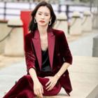 Double-breasted Velvet Blazer / Straight Leg Pants / Set