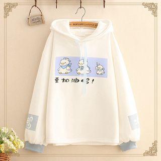 Duck Print Fleece-lined Hoodie As Shown In Figure - One Size