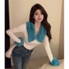Long-sleeve Fluffy Panel T-shirt White - One Size