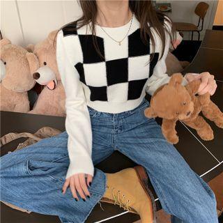 Check Cropped Sweater Black & White - One Size