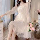 Set: Bell-sleeve Mesh Midi A-line Dress + Slipdress