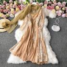 U-neck Lace-panel Long-sleeve Dress With Scarf