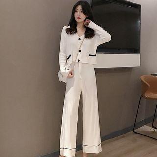 Set: Contrast Trim Cardigan + Wide-leg Knit Pants