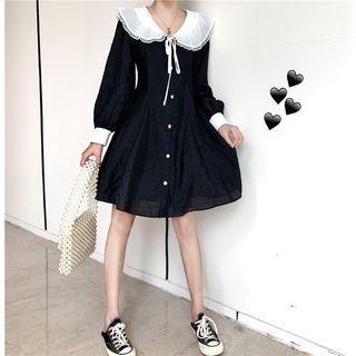 Color-block Long-sleeve Dress Black - One Size