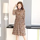 Long-sleeve Floral Pleated A-line Dress