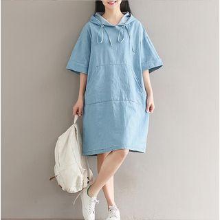 Hooded Elbow-sleeve Denim T-shirt Dress