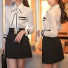 Set: Contrast Trim Ribbon Blouse + Mini Skirt