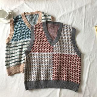 V-neck Color Block Houndstooth Knit Vest