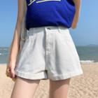 Plain High-waist Roll-up Denim Shorts
