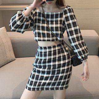 Set: Plaid Cropped Blouse + Mini Pencil Skirt