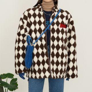 Lettering Argyle Zip-up Fleece Jacket Coffee - One Size